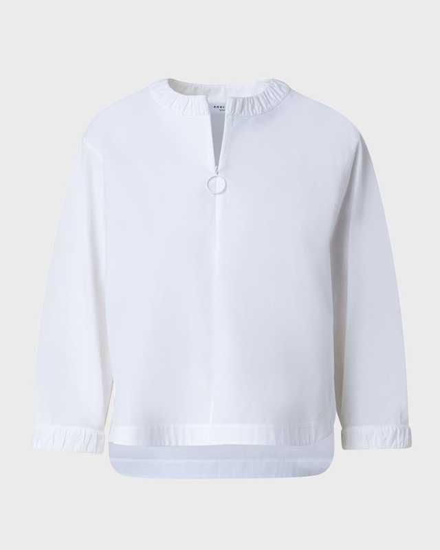 Bracelet-Sleeve Zip-Front Cotton Popeline Blouse